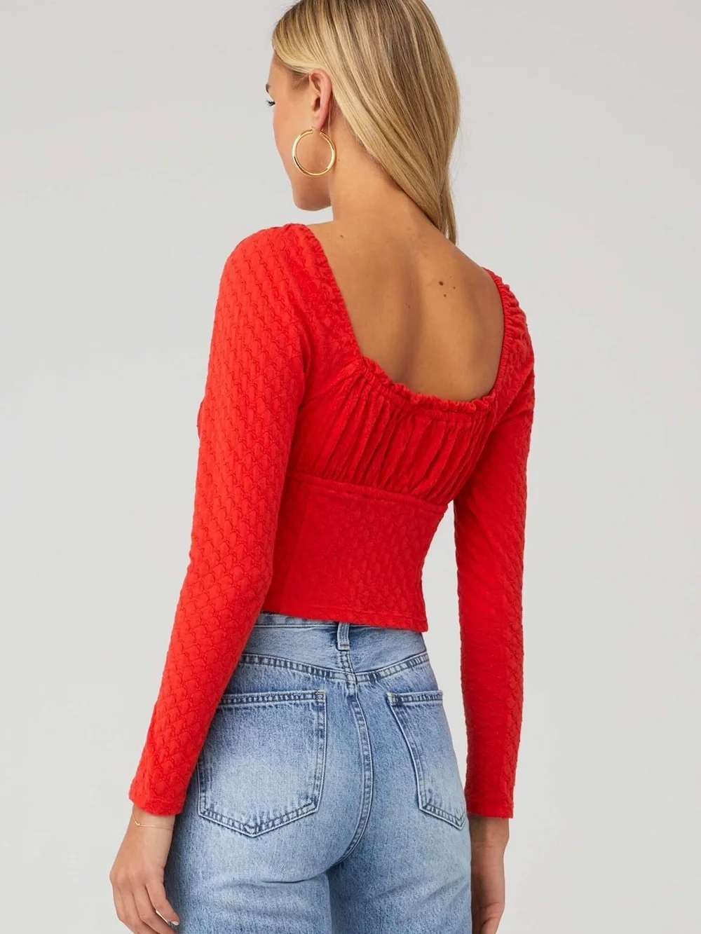 Free People Ladybug Long Sleeve Crop Top Red Textured Ruched Boho Size M NWOT